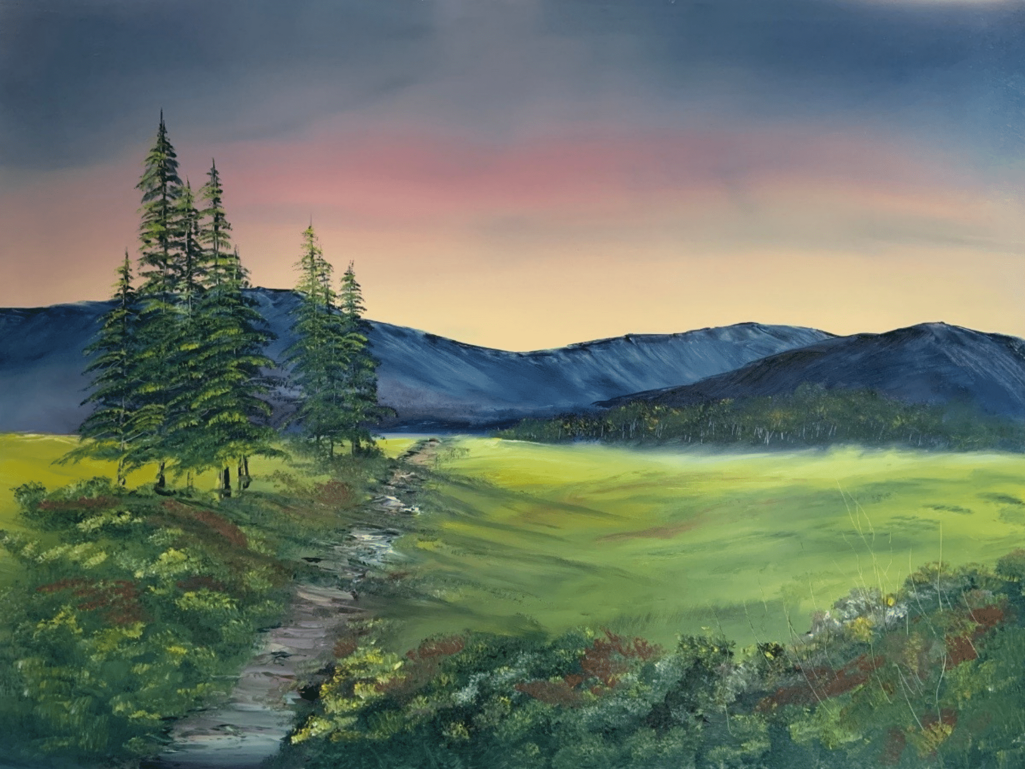Landschap schilderij olieverf 'Verwarmende zonsopgang in de Vogezen' Pické