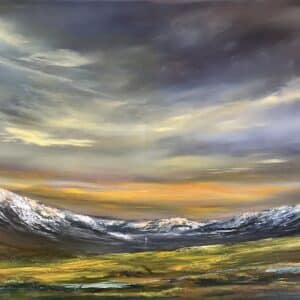 Origineel olieverfschilderij op doek 80 x 60 cm, tonalistisch berglandschap met besneeuwde bergen en licht boven een vallei