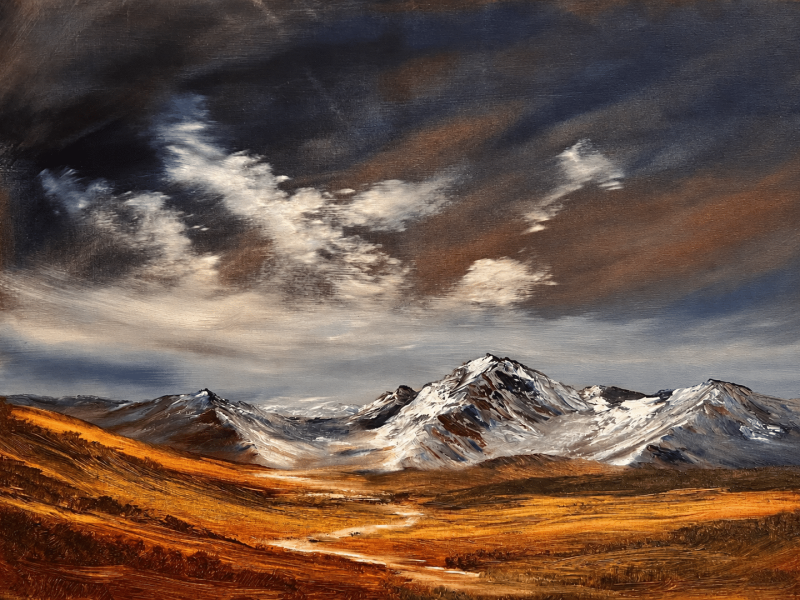 Sous le poids du ciel. Peinture à l'huile, paysage de montagne. Tonalisme.
